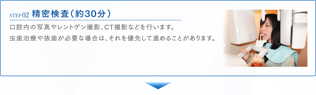 STEP02 精密検査（約30分） 口腔内の写真やレントゲン撮影、CT撮影などを行います。虫歯治療や抜歯が必要な場合は、それを優先して進めることがあります。