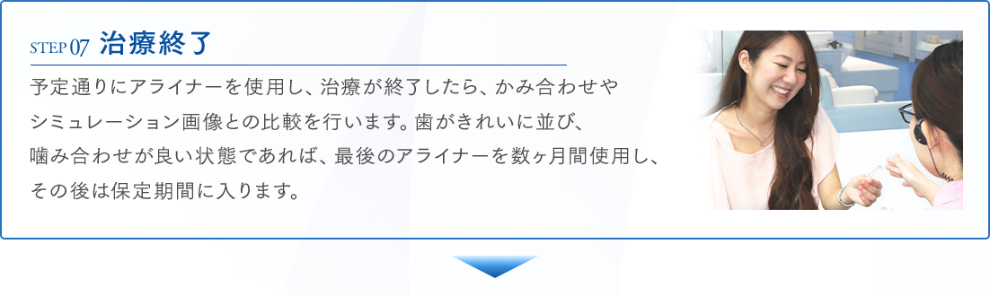 STEP07 治療終了 予定通りにアライナーを使用し、治療が終了したら、かみ合わせやシミュレーション画像との比較を行います。歯がきれいに並び、噛み合わせが良い状態であれば、最後のアライナーを数ヶ月間使用し、その後は保定期間に入ります。