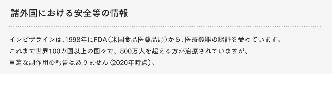 諸外国における安全等の情報 インビザラインは、1998年にFDA（米国食品医薬品局）から、医療機器の認証を受けています。これまで世界100カ国以上の国々で、800万人を超える方が治療されていますが、重篤な副作用の報告はありません（2020年時点）。