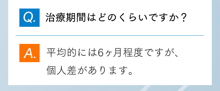 Q.治療期間はどのくらいですか？ A.平均的には6ヶ月程度ですが、個人差があります。