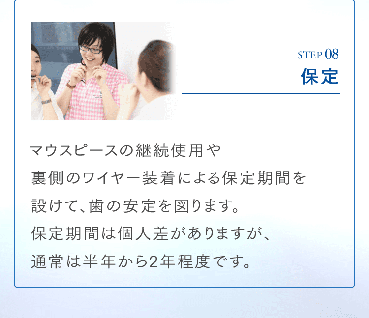 STEP08 保定 マウスピースの継続使用や裏側のワイヤー装着による保定期間を設けて、歯の安定を図ります。保定期間は個人差がありますが、通常は半年から2年程度です。