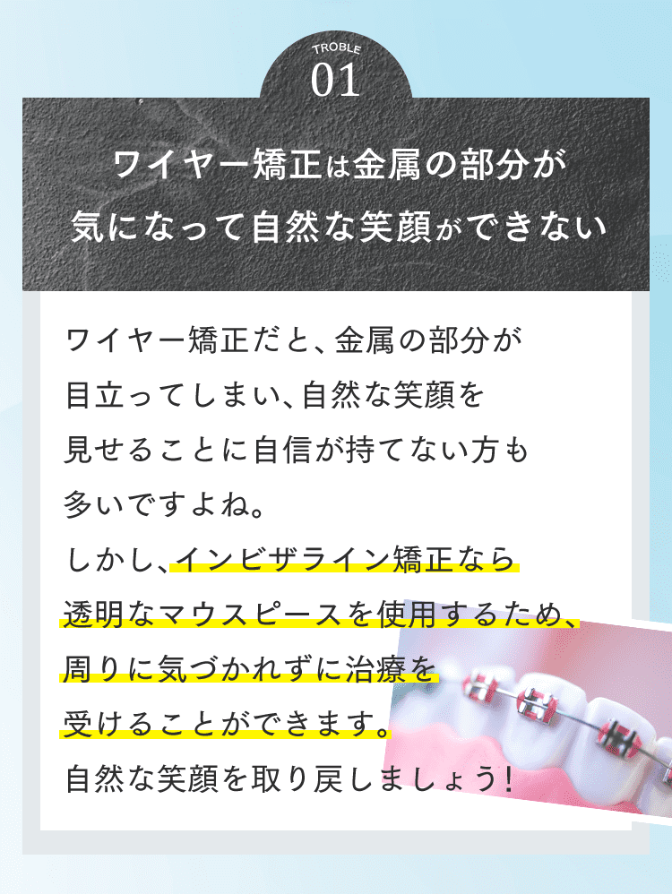 01 ワイヤー矯正は金属の部分が気になって自然な笑顔ができない ワイヤー矯正だと、金属の部分が目立ってしまい自然な笑顔を見せることに自信が持てない方も多いですよね。しかし、インビザライン矯正なら透明なマウスピースを使用するため、周りに気づかれずに治療を受けることができます。自然な笑顔を取り戻しましょう！