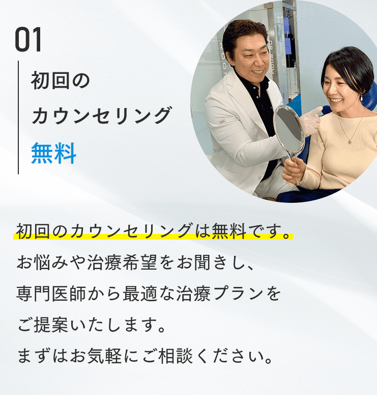 01 初回のカウンセリング無料 初回のカウンセリングは無料です。お悩みや治療希望をお聞きし、専門医師から最適な治療プランをご提案いたします。まずはお気軽にご相談ください。